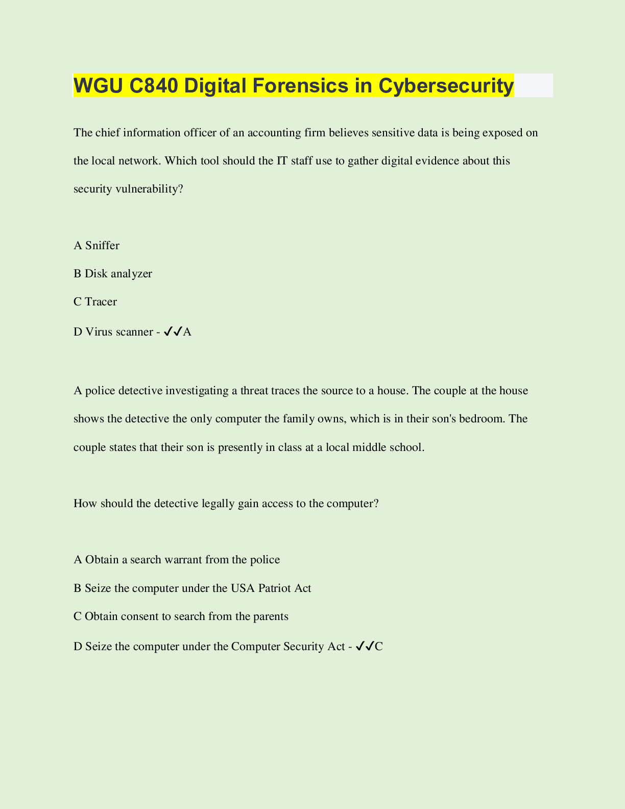 Preview of WGU C840 Digital Forensics in Cybersecurity  | 270 Questions with 100% Correct Answers | V